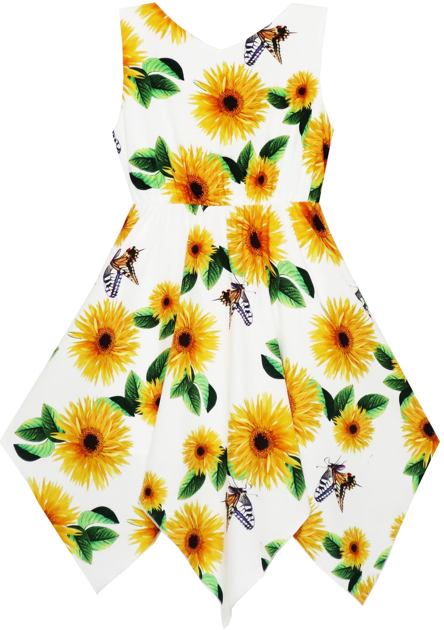 Girls Dress Sunflower Butterfly Hanky Hem Party Beach Necklace Sundress Yellow