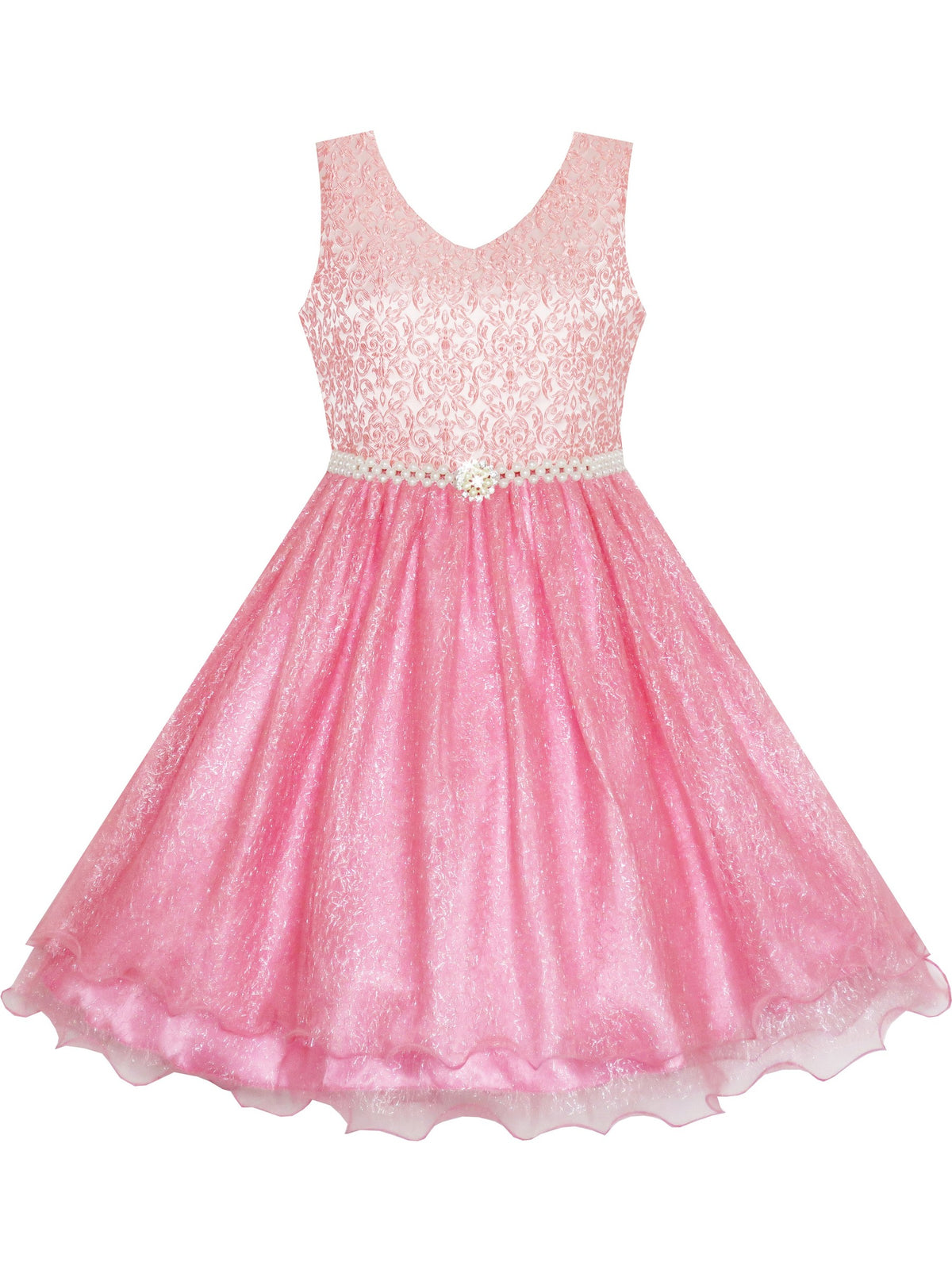 Flower Girl Dress Sparkling Pearl Belt Shrimp Pink Wedding Bridesmaid - Shining Pink