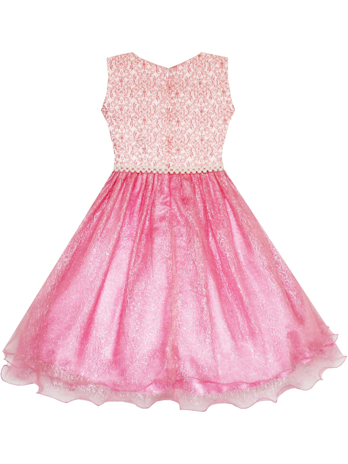 Flower Girl Dress Sparkling Pearl Belt Shrimp Pink Wedding Bridesmaid - Shining Pink