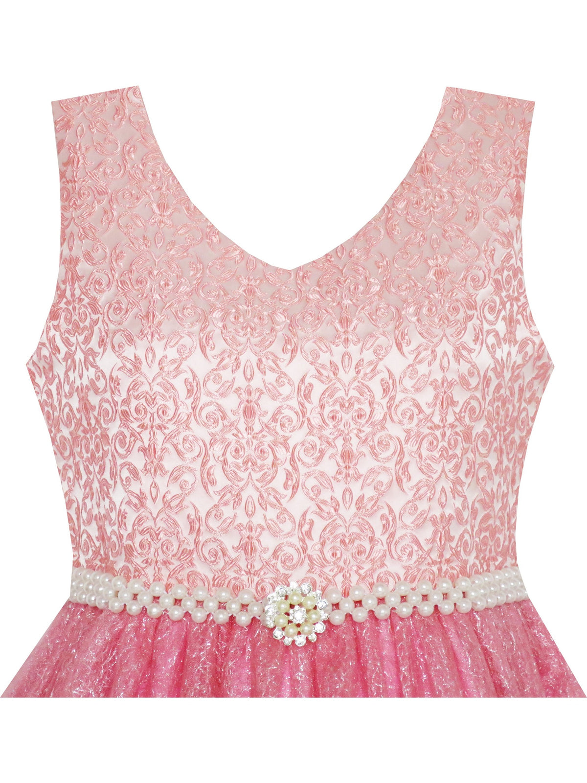 Flower Girl Dress Sparkling Pearl Belt Shrimp Pink Wedding Bridesmaid - Shining Pink