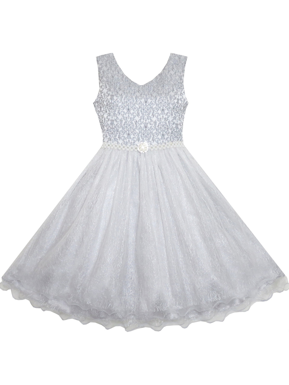 Flower Girl Dress Sparkling Pearl Belt Shrimp Pink Wedding Bridesmaid - Gray