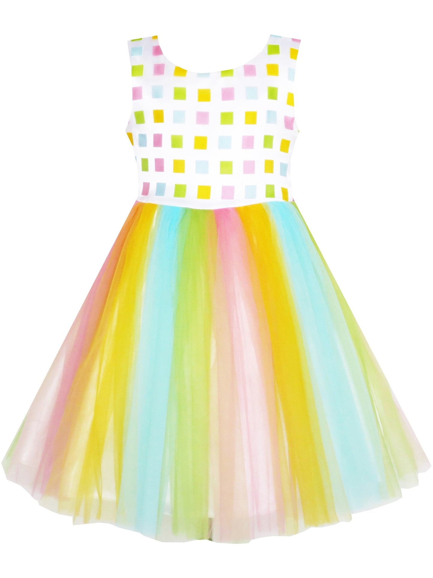 Girls Dress Cartoon Girl Pattern Tulle Overlay Party Pageant Multi-Color