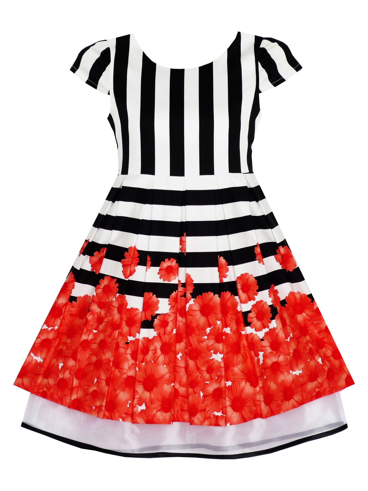 Girls Dress Black White Striped Red Flower Organza Hem Party Black