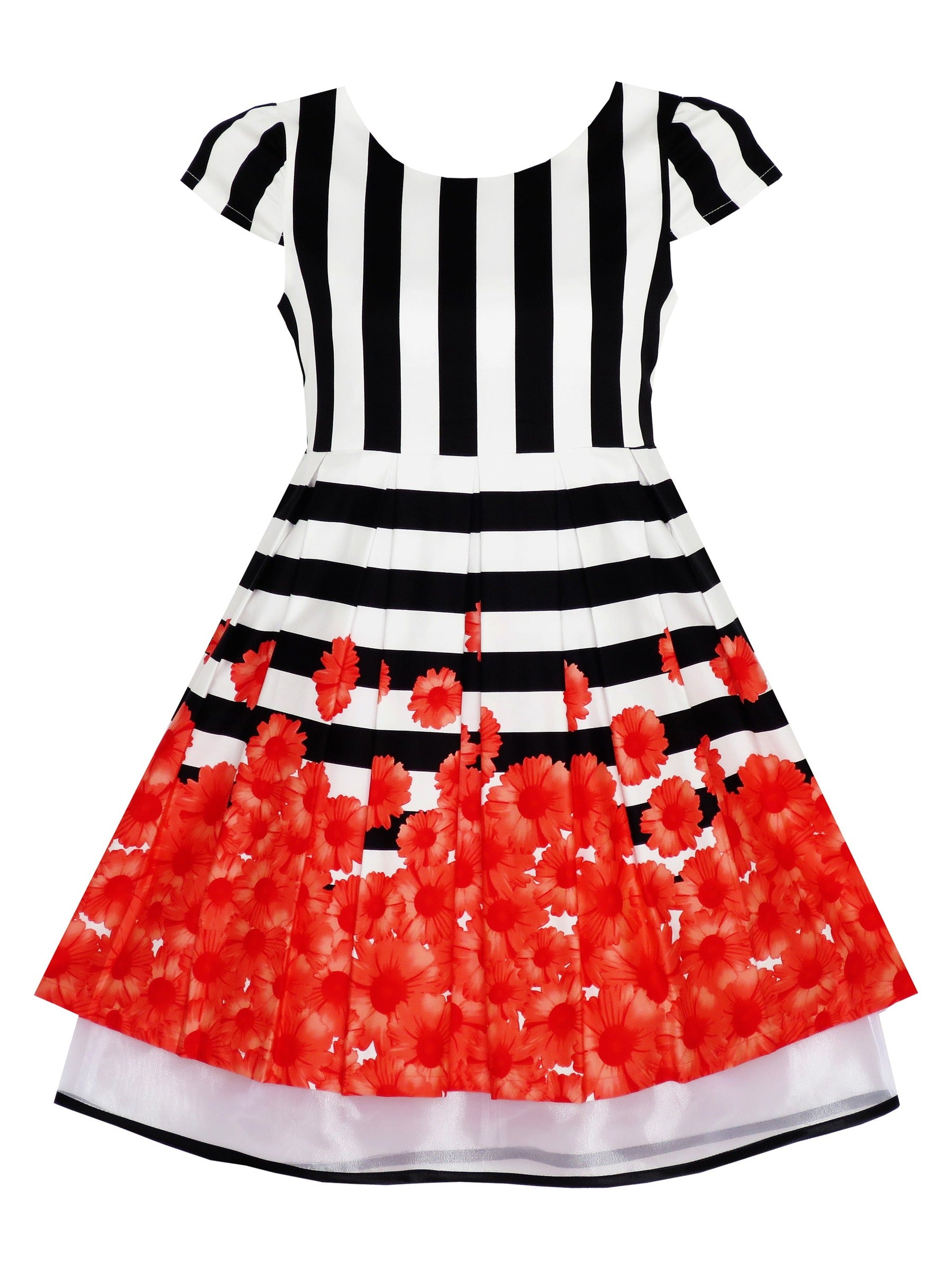 Girls Dress Black White Striped Red Flower Organza Hem Party Black