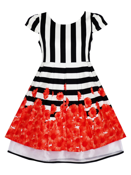 Girls Dress Black White Striped Red Flower Organza Hem Party Black