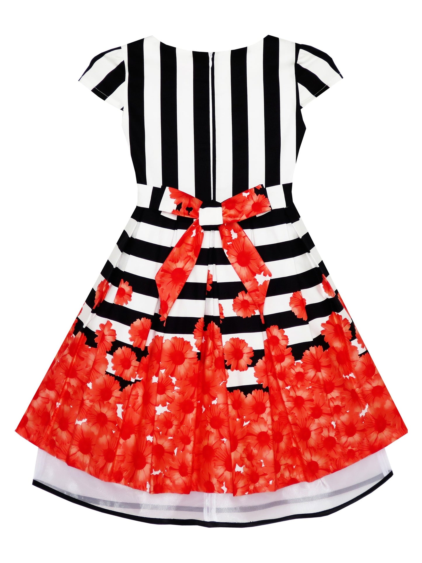 Girls Dress Black White Striped Red Flower Organza Hem Party Black