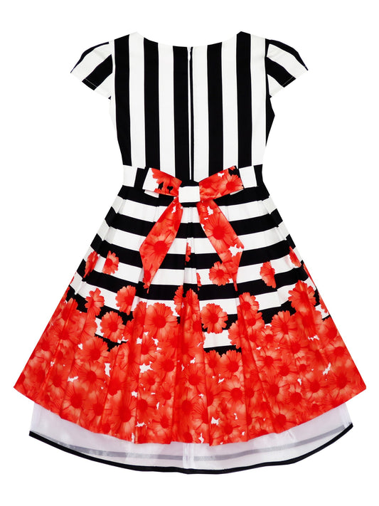 Girls Dress Black White Striped Red Flower Organza Hem Party Black