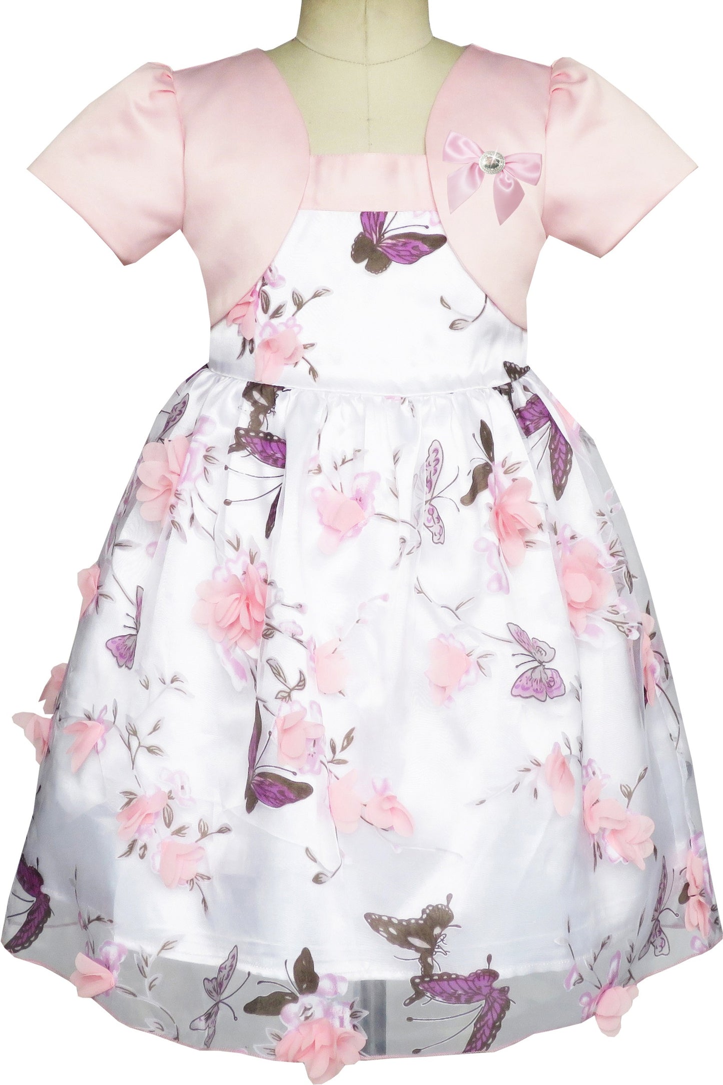 2-in-1 Flower Girls Dress Dimensional Butterfly Pageant Party Pink