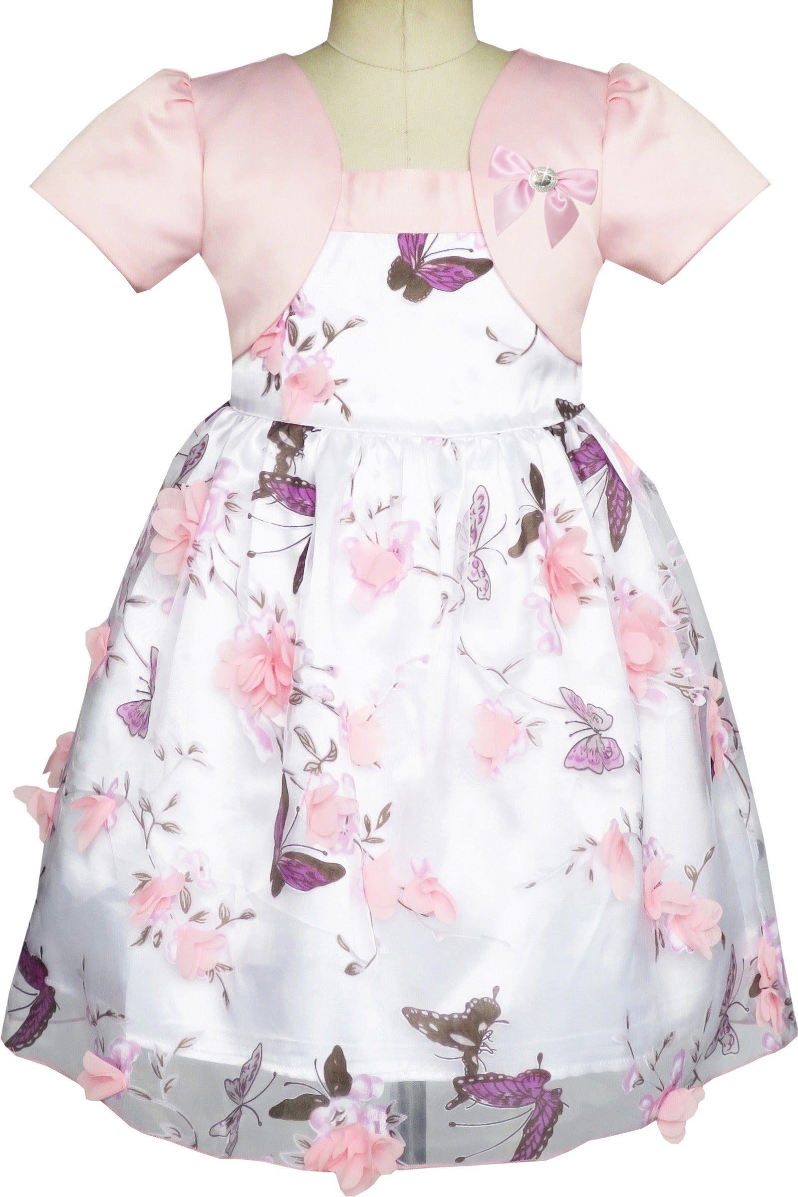 2-in-1 Flower Girls Dress Dimensional Butterfly Pageant Party Pink