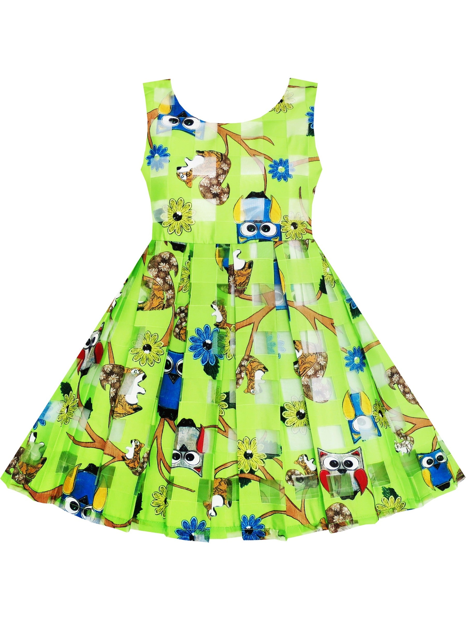 Girls Dress Cartoon Girl Pattern Tulle Overlay Party Pageant Green