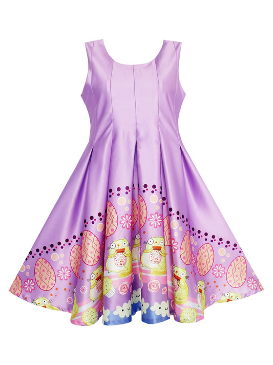 Girls' Scuba Fit and Flare Dress Cute Cartoon Print Birthday Party Purple