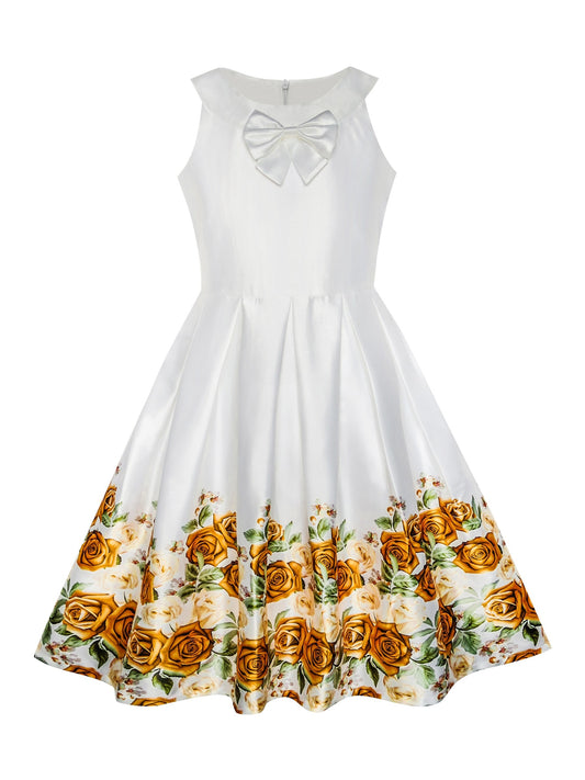 Girls Dress Yellow Rose Print Pleated Hem Wedding Pageant Party Wedding White