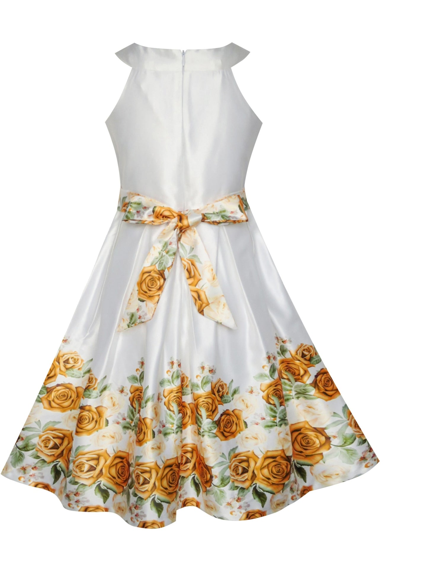 Girls Dress Yellow Rose Print Pleated Hem Wedding Pageant Party Wedding White