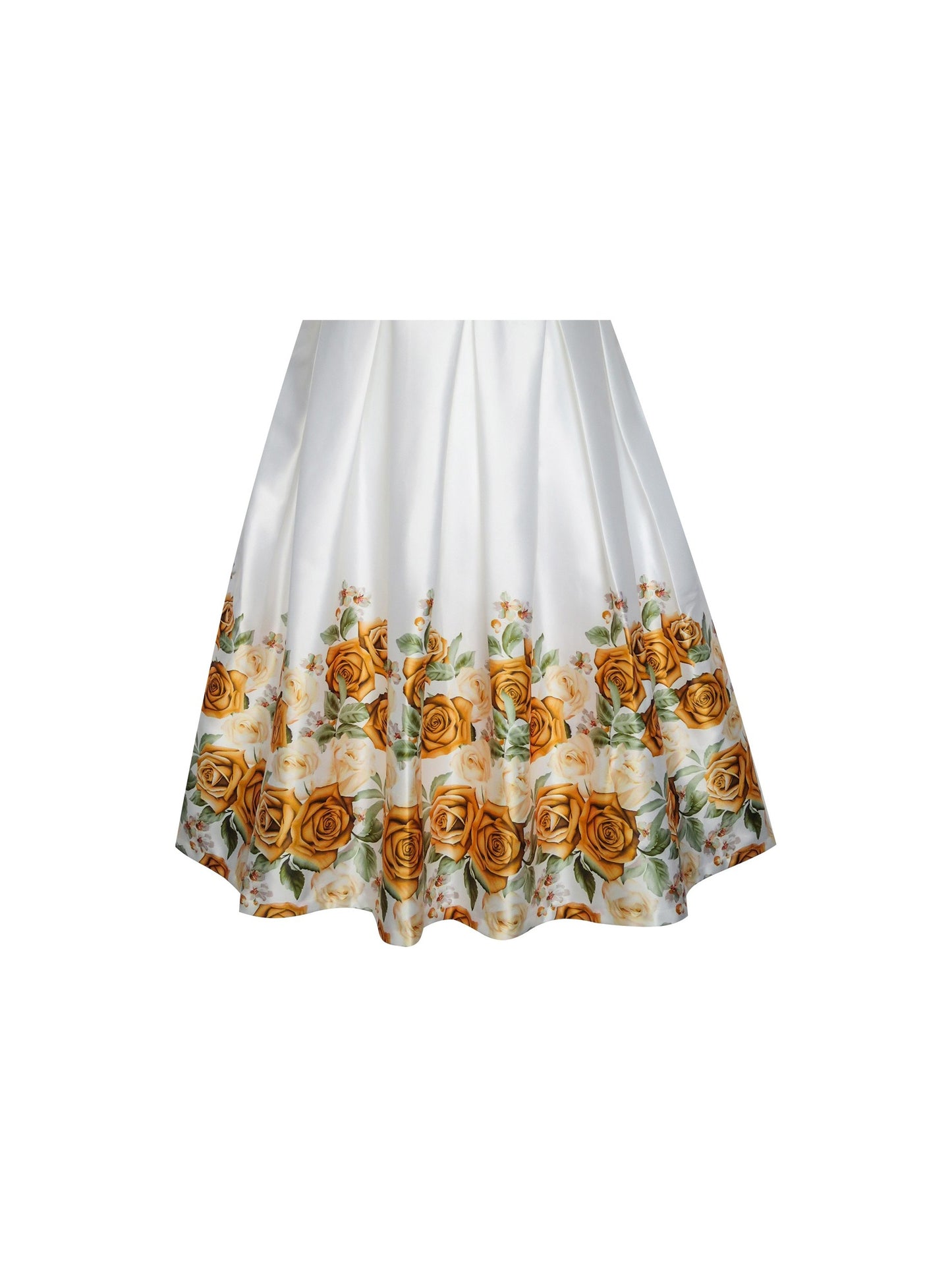 Girls Dress Yellow Rose Print Pleated Hem Wedding Pageant Party Wedding White