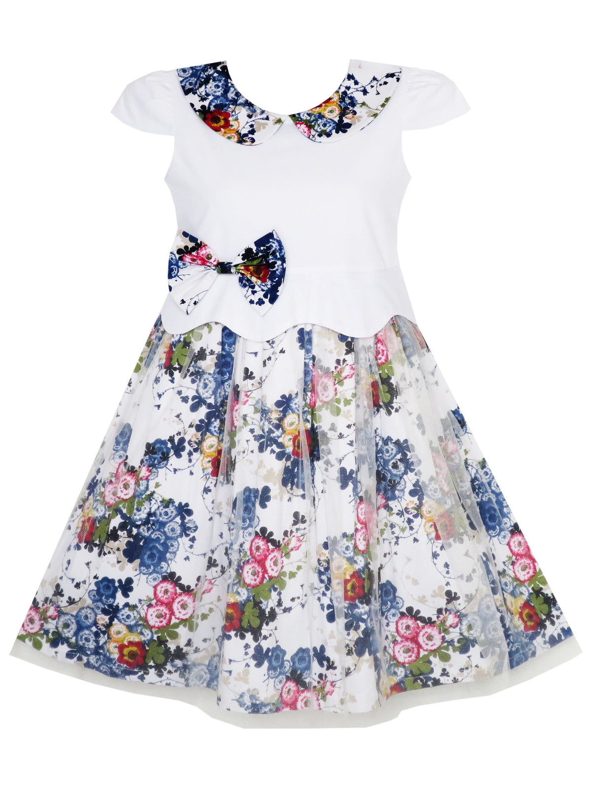 Girls Dress Turn-Down Collar Flower Detailing Tulle Overlay - White