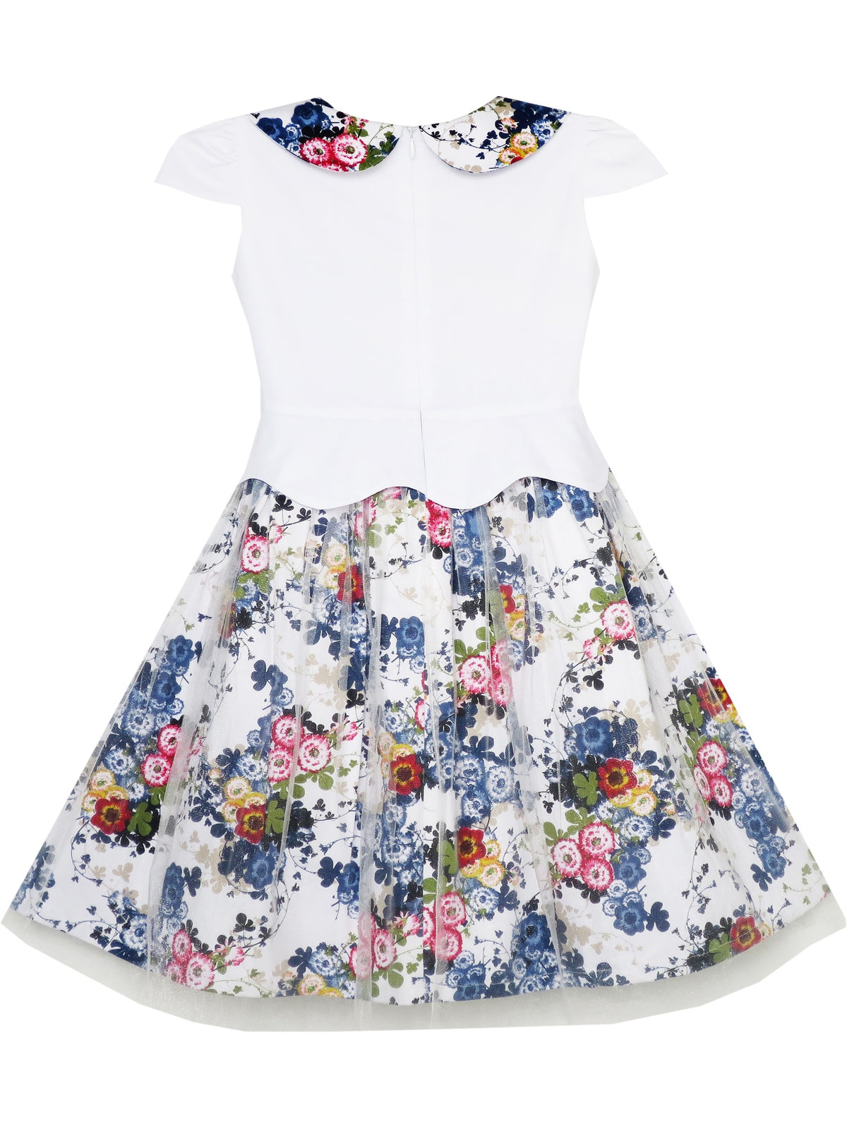 Girls Dress Turn-Down Collar Flower Detailing Tulle Overlay - White