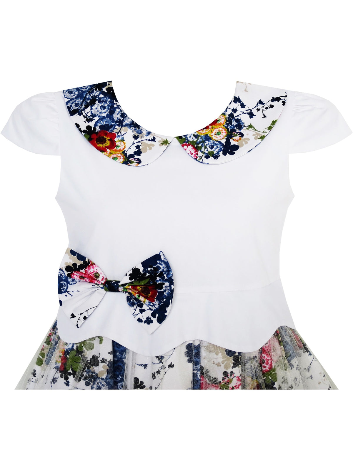Girls Dress Turn-Down Collar Flower Detailing Tulle Overlay - White