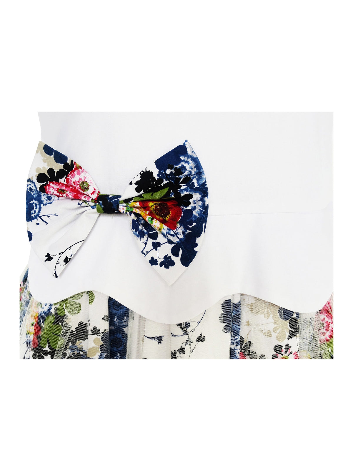 Girls Dress Turn-Down Collar Flower Detailing Tulle Overlay - White
