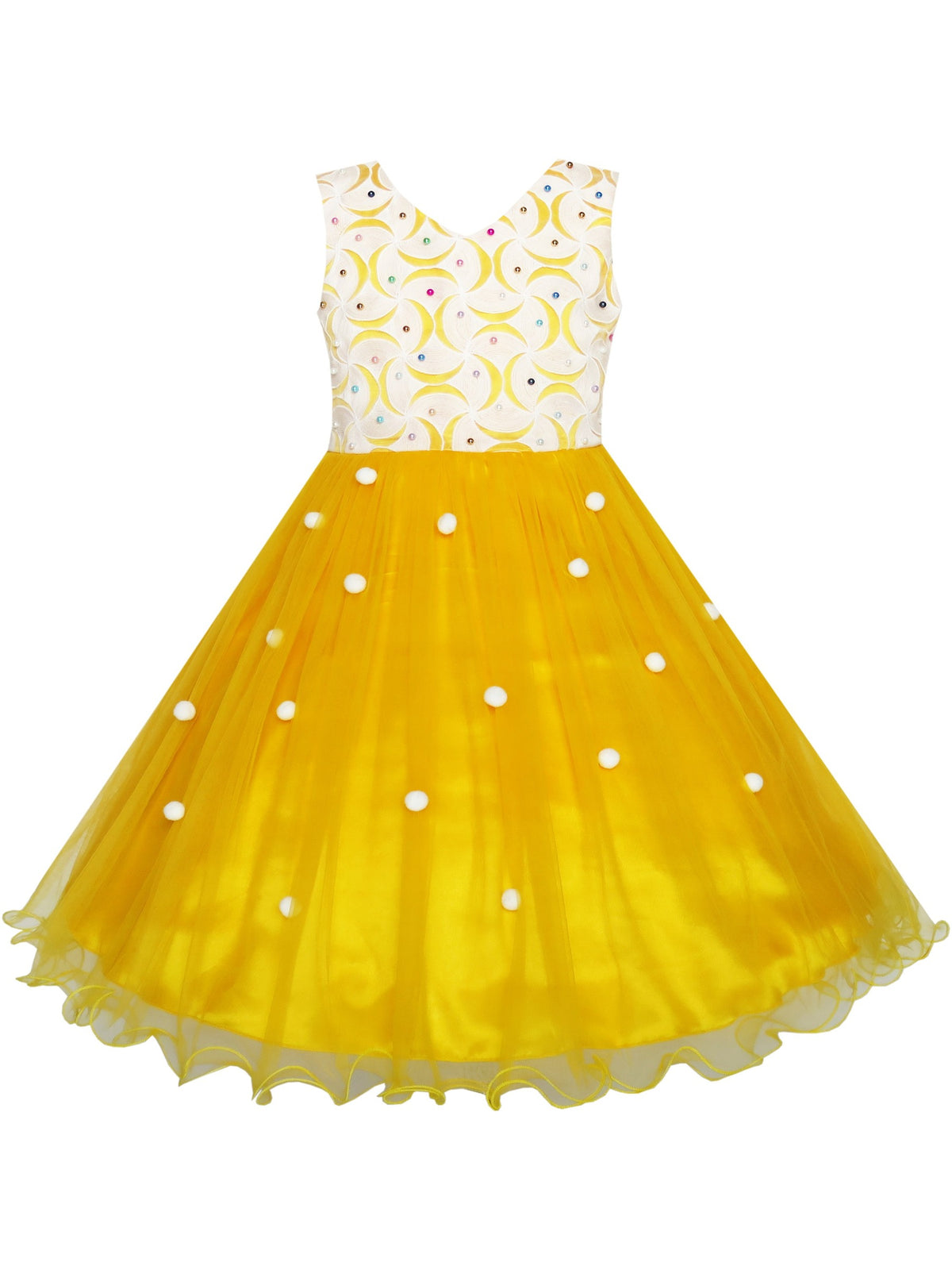 Flower Girl Dress Sparkling Pearl Belt Shrimp Pink Wedding Bridesmaid - Yellow