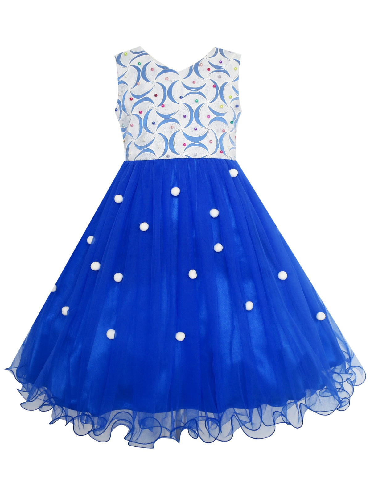 Flower Girl Dress Sparkling Pearl Belt Shrimp Pink Wedding Bridesmaid - Blue