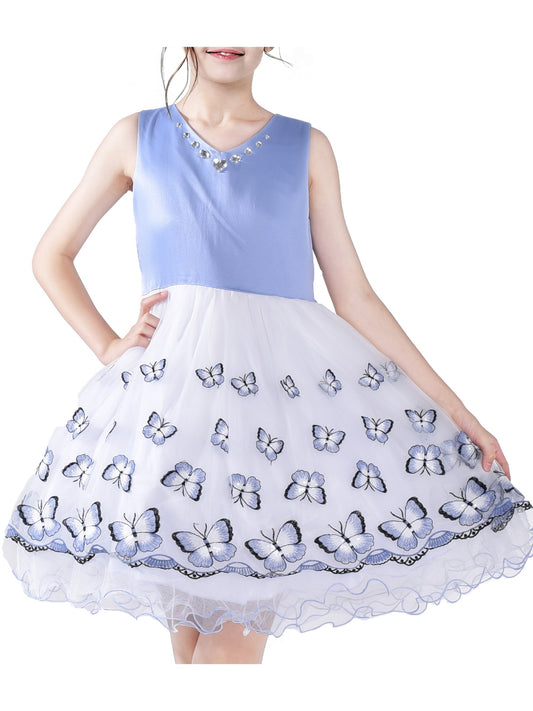 Flower Girls Dress Embroidered Butterfly Diamond Pageant Wedding Blue