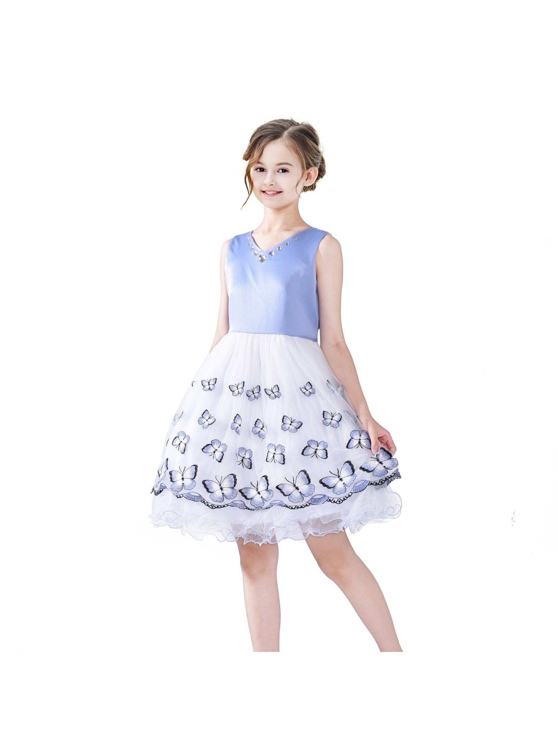 Flower Girls Dress Embroidered Butterfly Diamond Pageant Wedding Blue