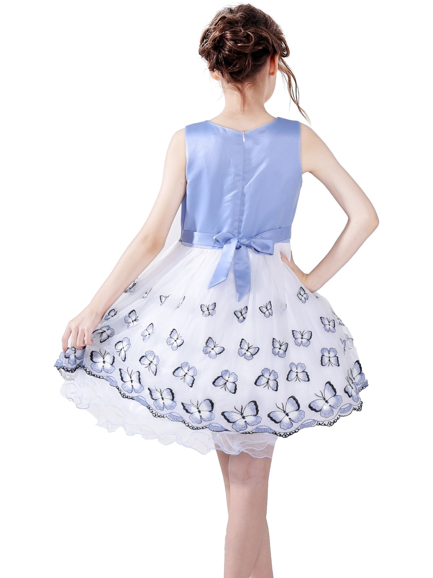 Flower Girls Dress Embroidered Butterfly Diamond Pageant Wedding Blue