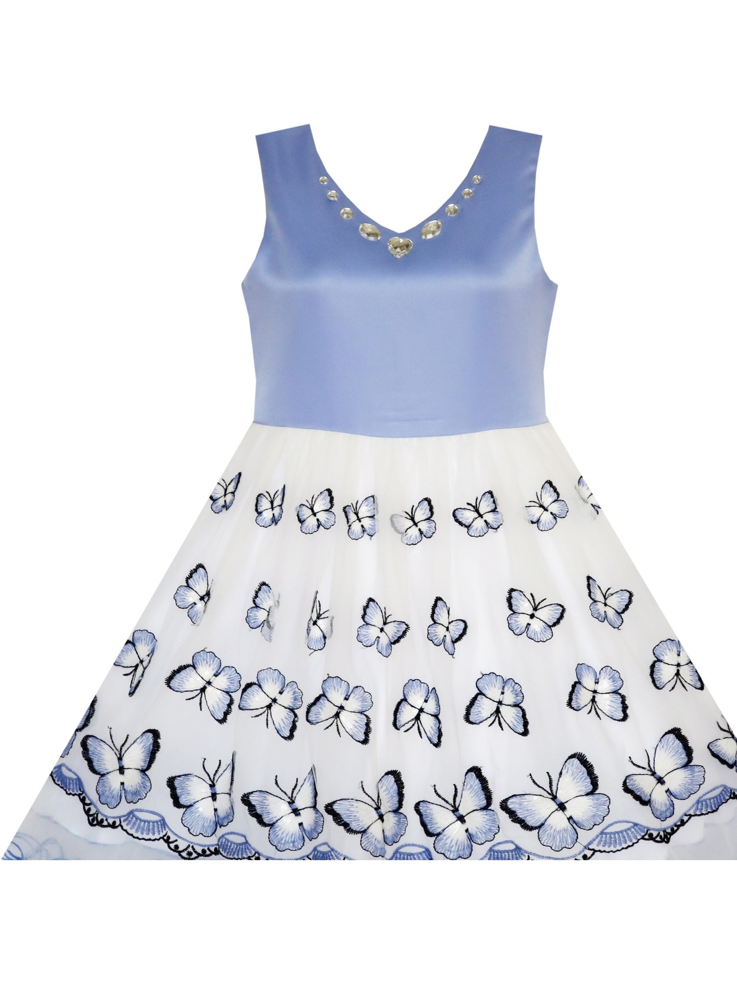 Flower Girls Dress Embroidered Butterfly Diamond Pageant Wedding Blue