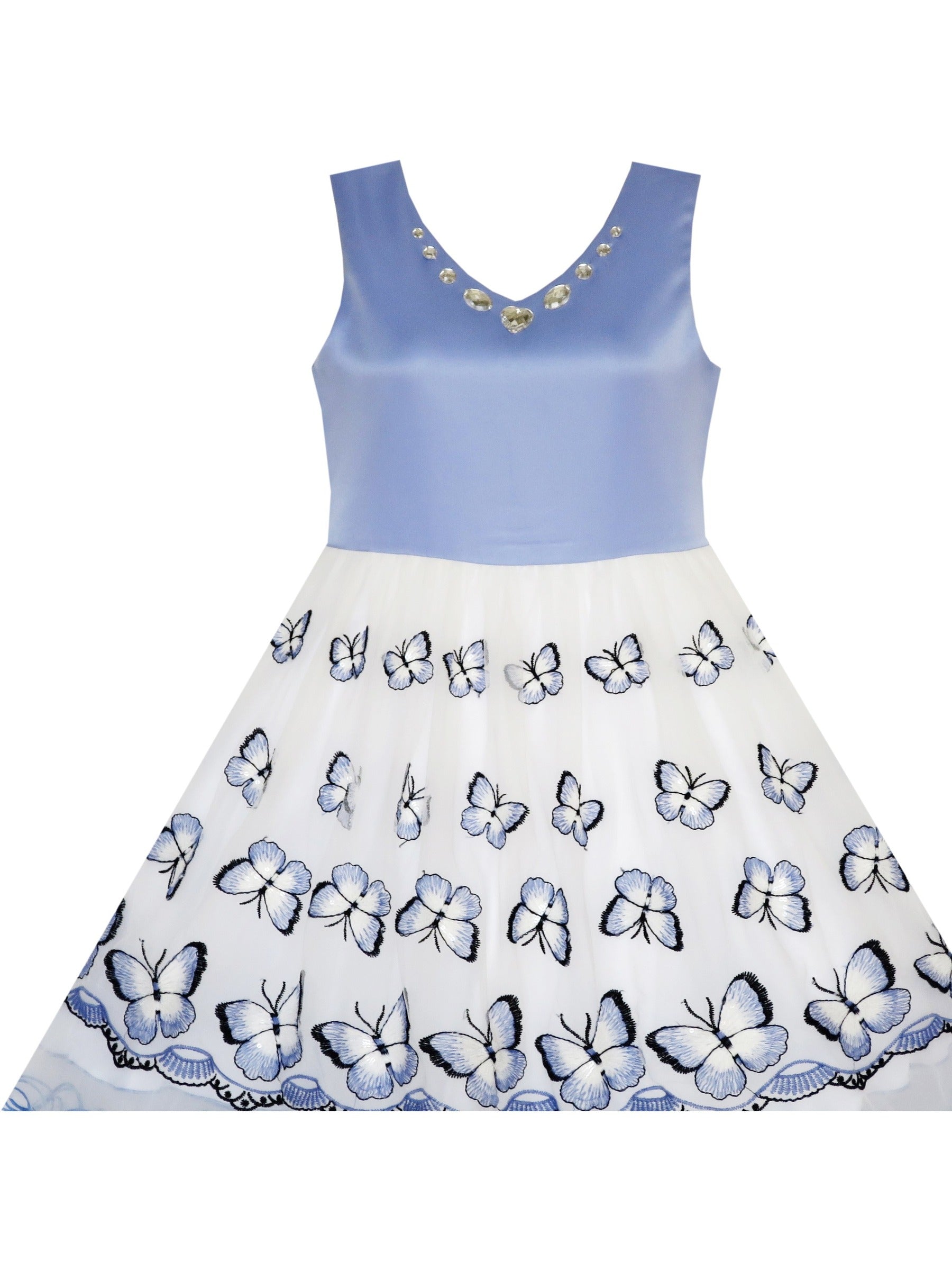 Flower Girls Dress Embroidered Butterfly Diamond Pageant Wedding Blue