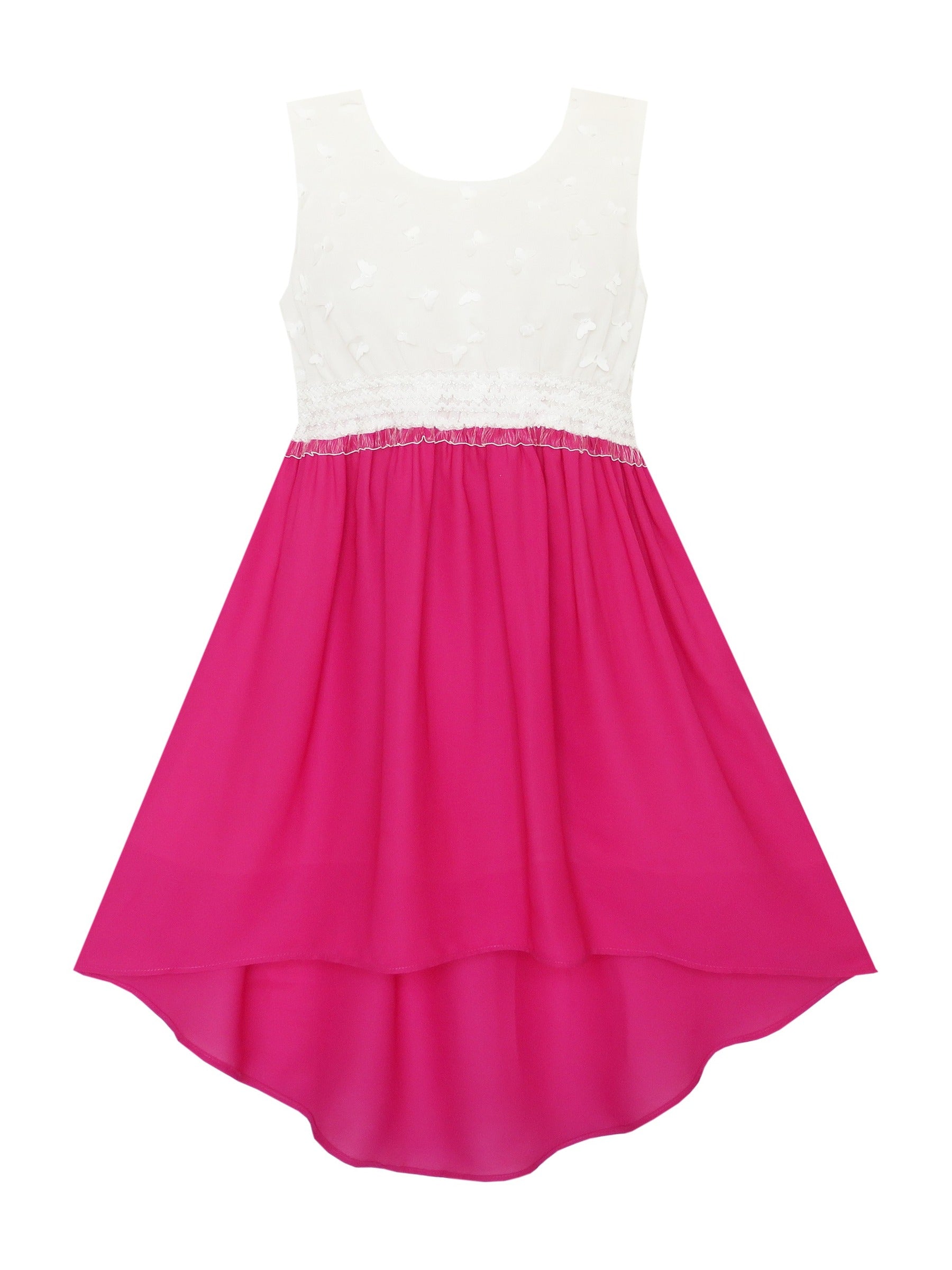 Girls Dress Hi-Lo Maxi Sequin Chiffon Lace Flower Pink Pink