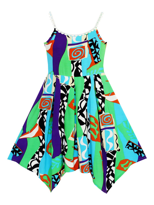 Girls Dress Halter Color Block Print Hanky Hem Green