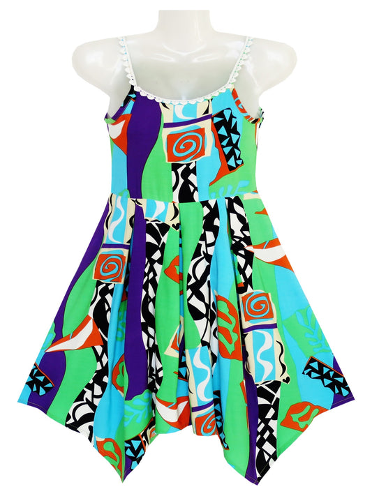 Girls Dress Halter Color Block Print Hanky Hem Green