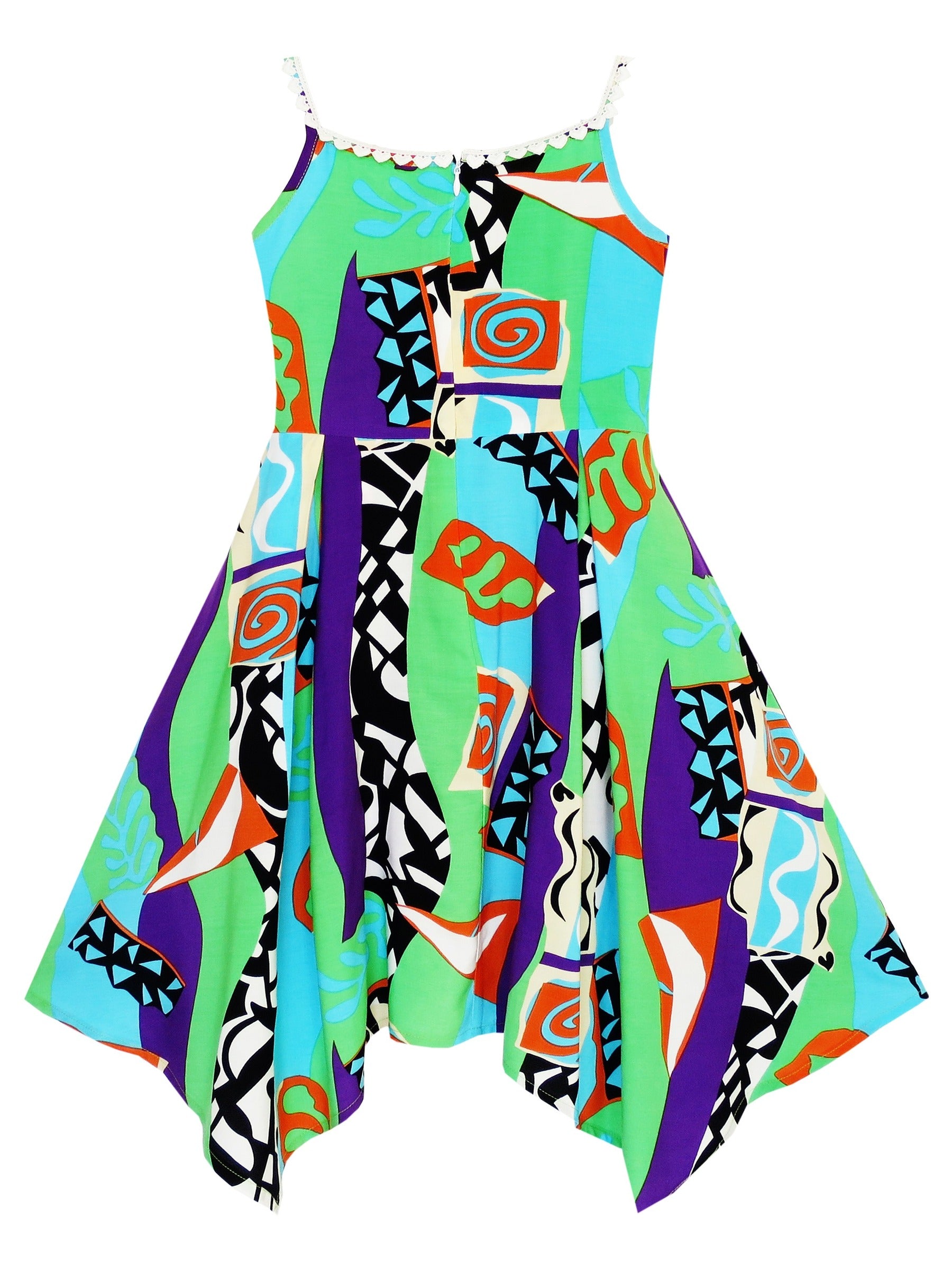 Girls Dress Halter Color Block Print Hanky Hem Green