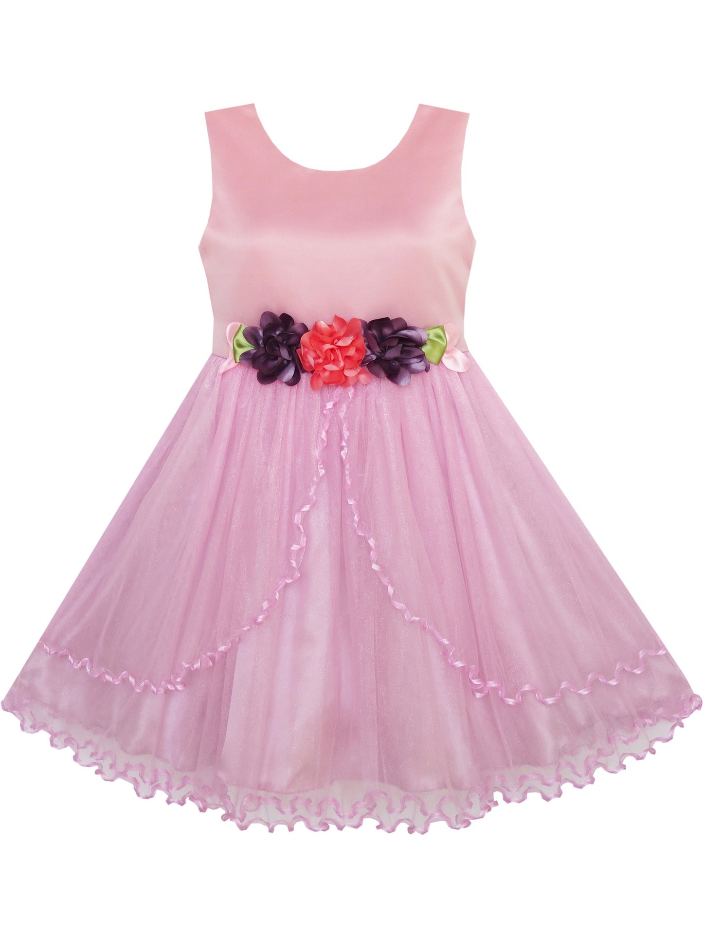 Girls Dress Purple Flower Bow Tie Wedding Party Children Clothes Size Pink