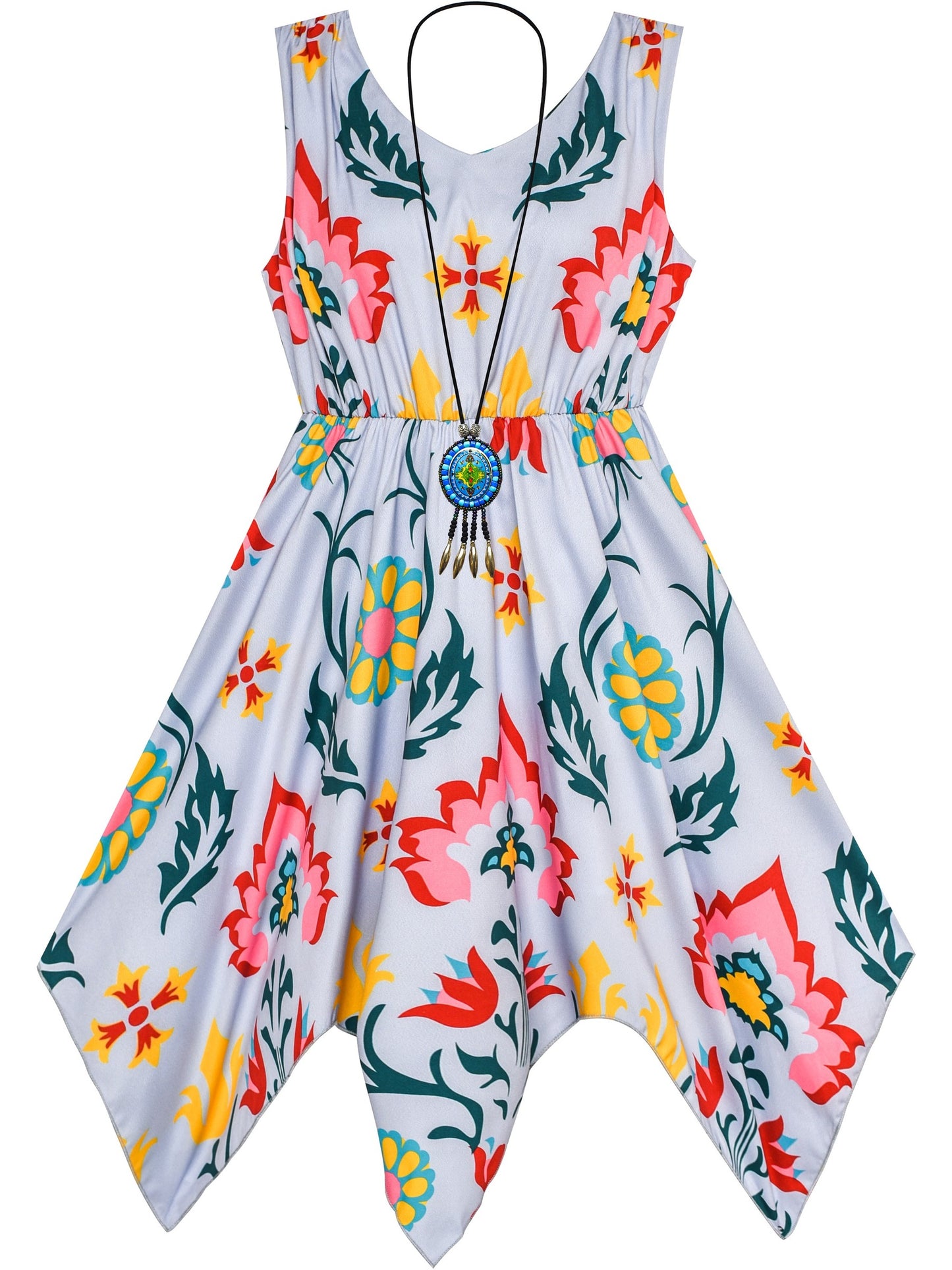 Girls Dress Sunflower Butterfly Hanky Hem Party Beach Necklace Sundress Blue