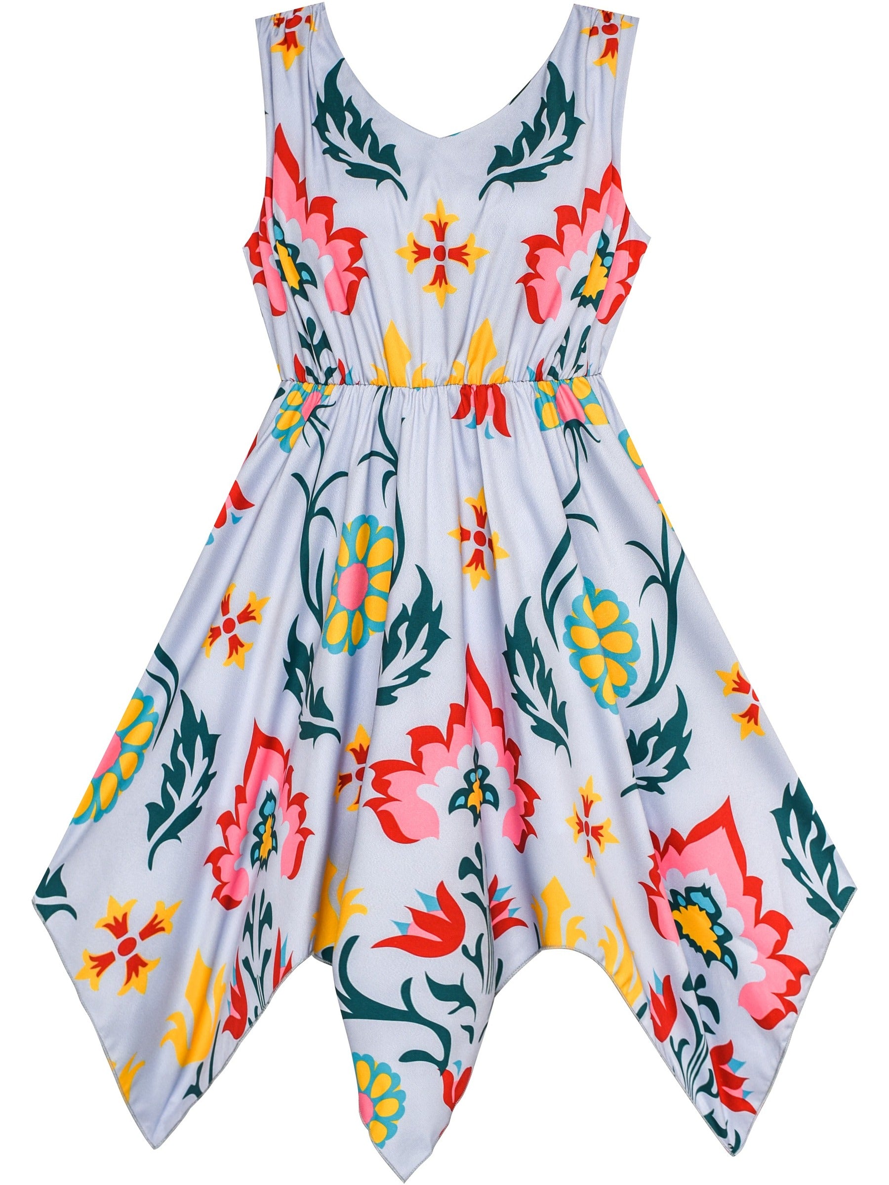 Girls Dress Sunflower Butterfly Hanky Hem Party Beach Necklace Sundress Blue