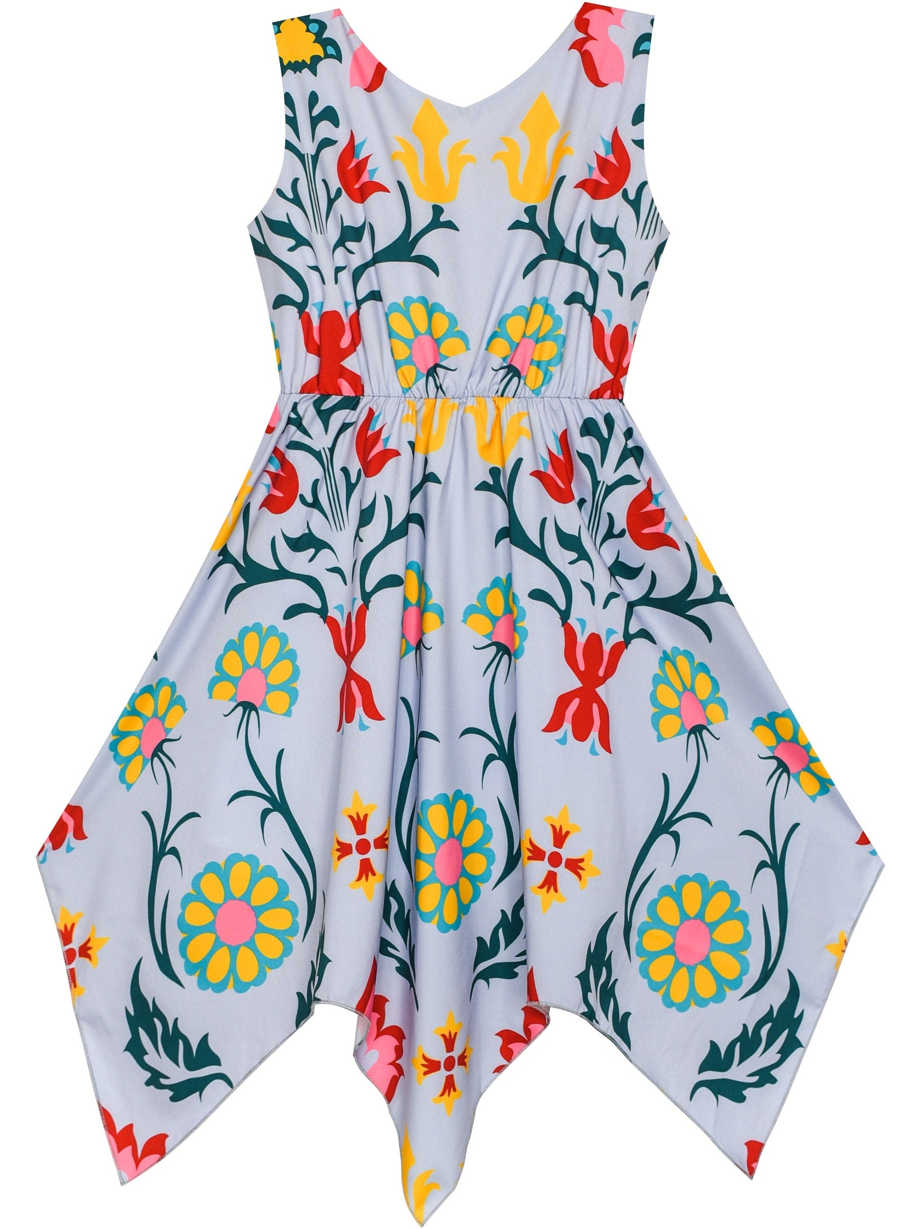 Girls Dress Sunflower Butterfly Hanky Hem Party Beach Necklace Sundress Blue