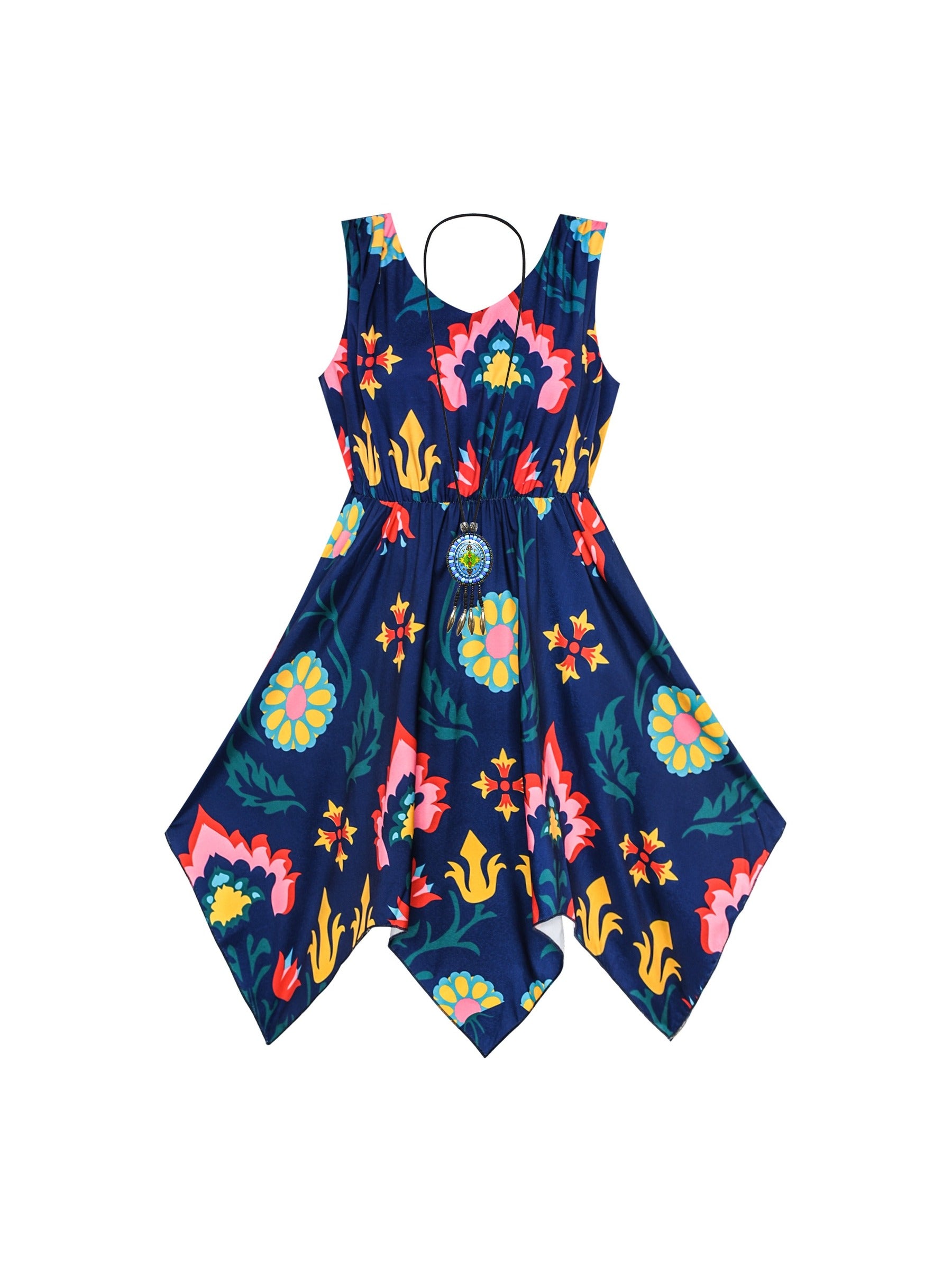 Girls Dress Sunflower Butterfly Hanky Hem Party Beach Necklace Sundress Blue