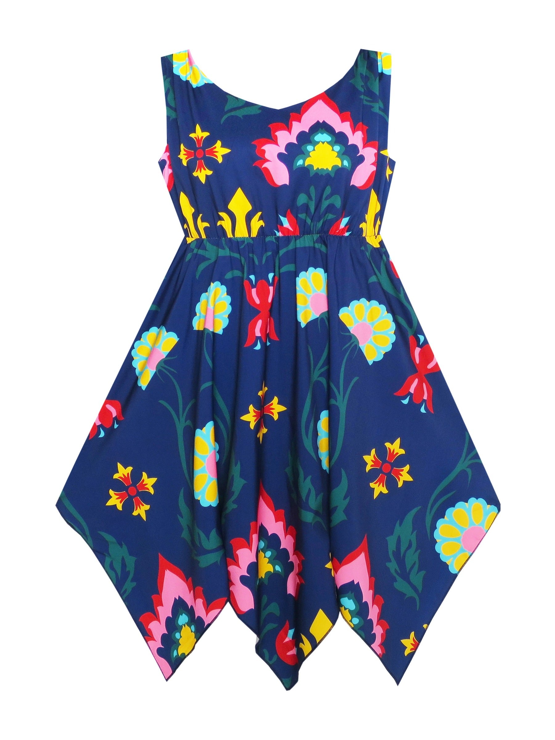 Girls Dress Sunflower Butterfly Hanky Hem Party Beach Necklace Sundress Blue