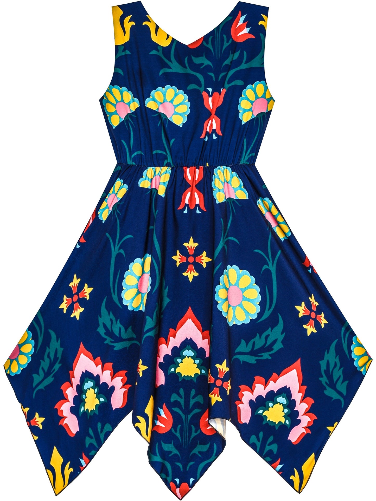 Girls Dress Sunflower Butterfly Hanky Hem Party Beach Necklace Sundress Blue