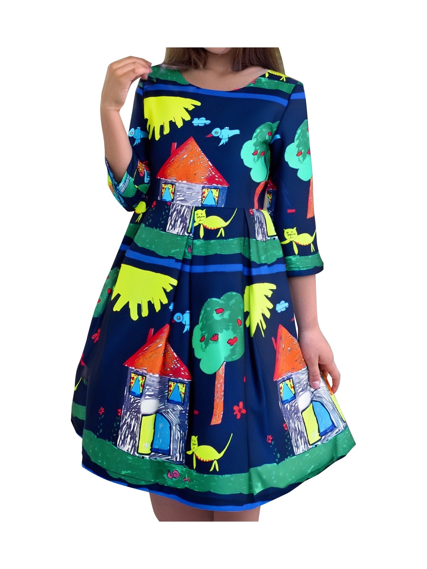 Girls Dress Satin Silk Butterfly City Building View Pink Blue
