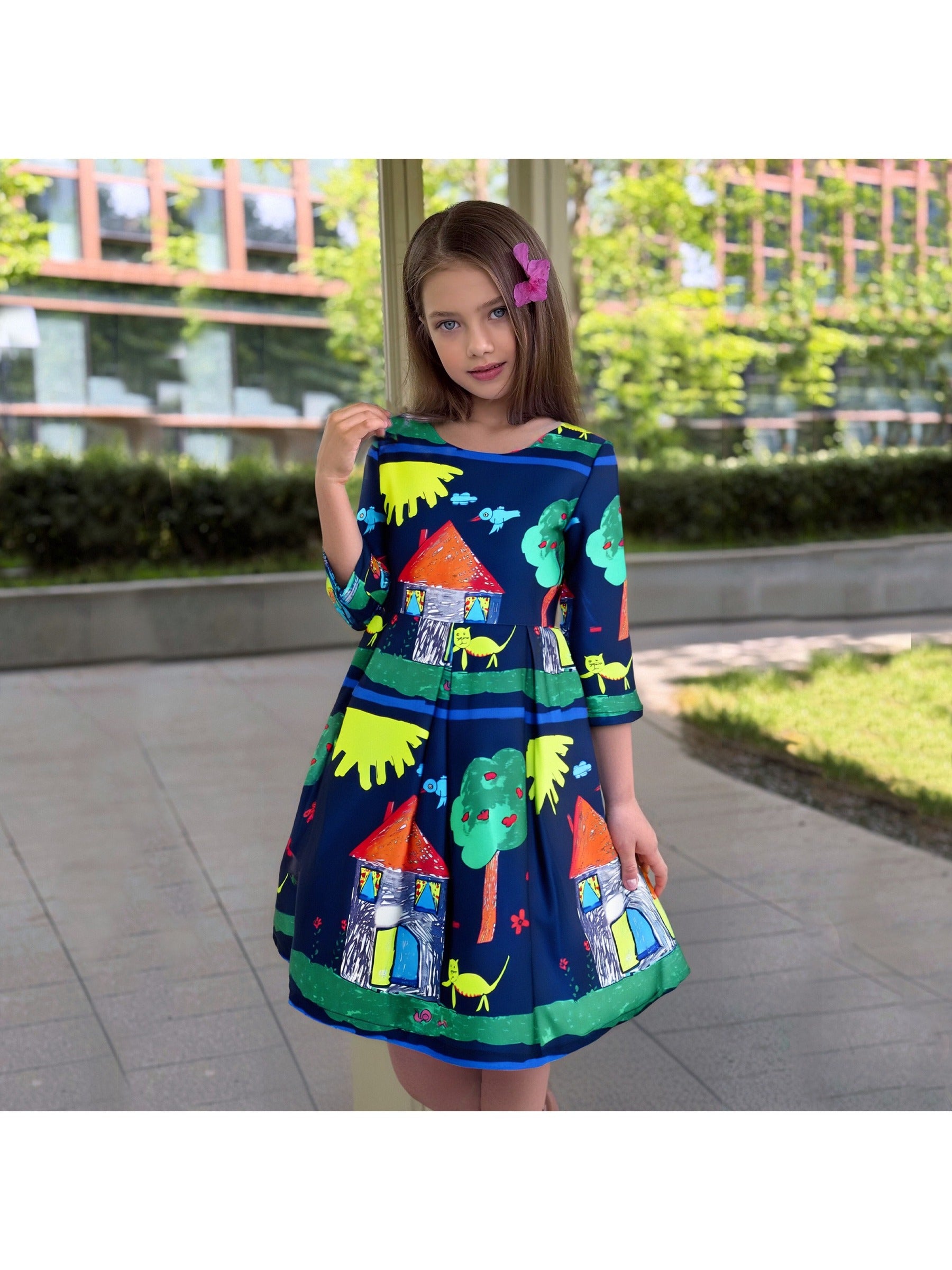 Girls Dress Satin Silk Butterfly City Building View Pink Blue
