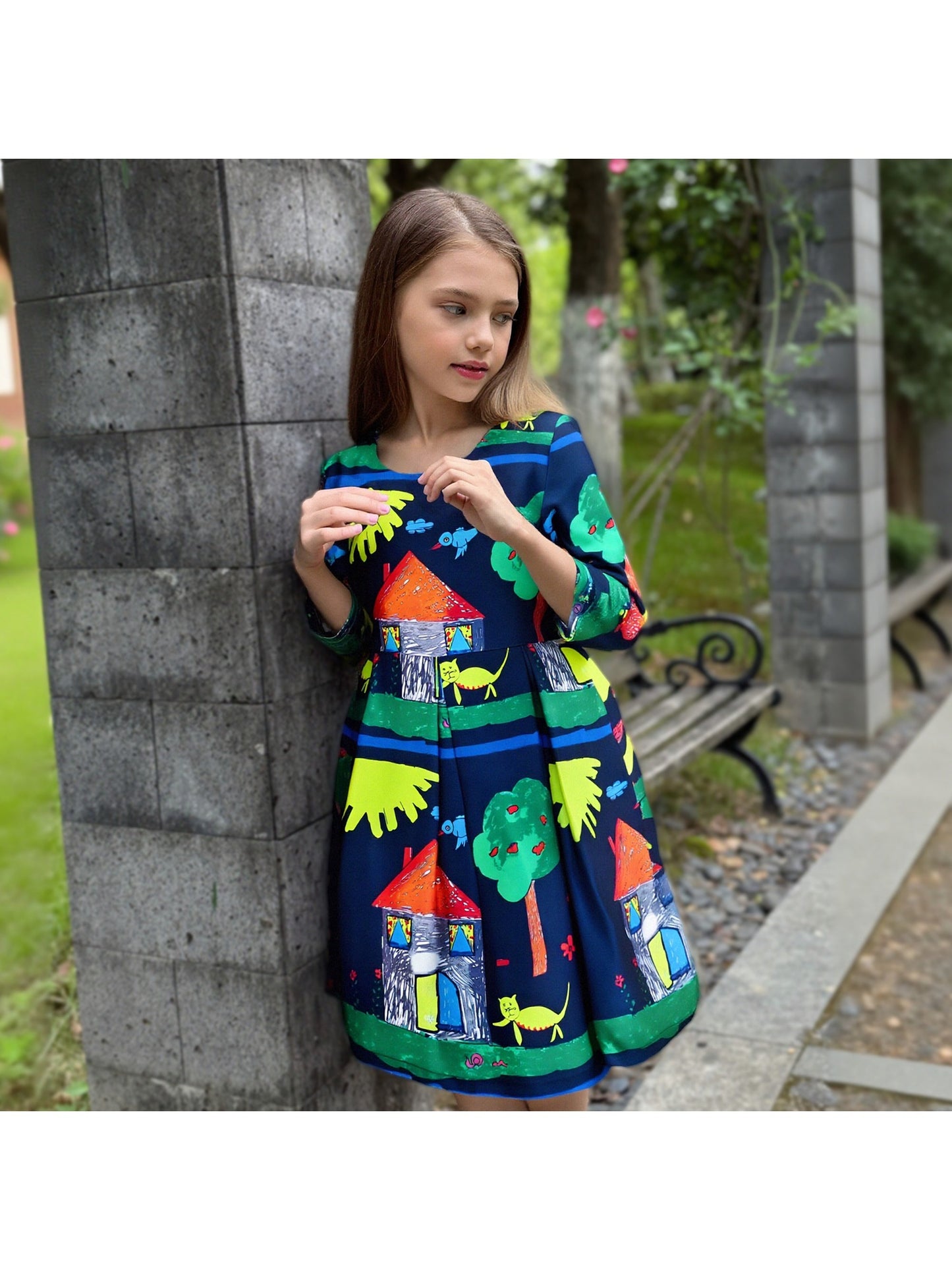 Girls Dress Satin Silk Butterfly City Building View Pink Blue