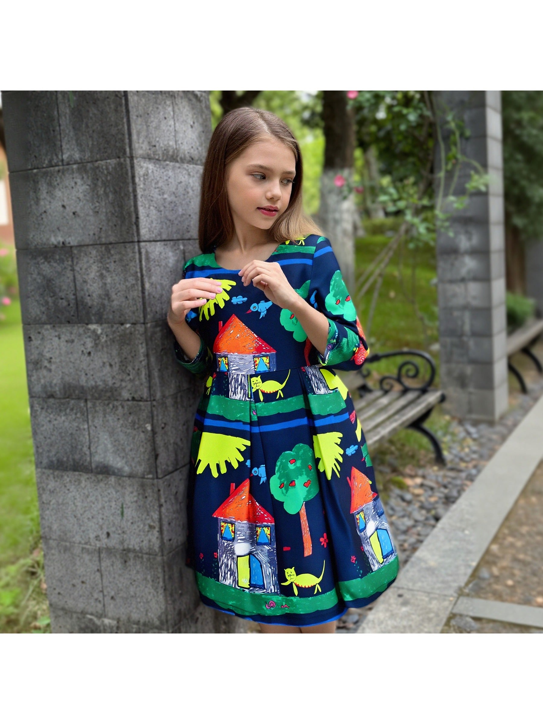 Girls Dress Satin Silk Butterfly City Building View Pink Blue