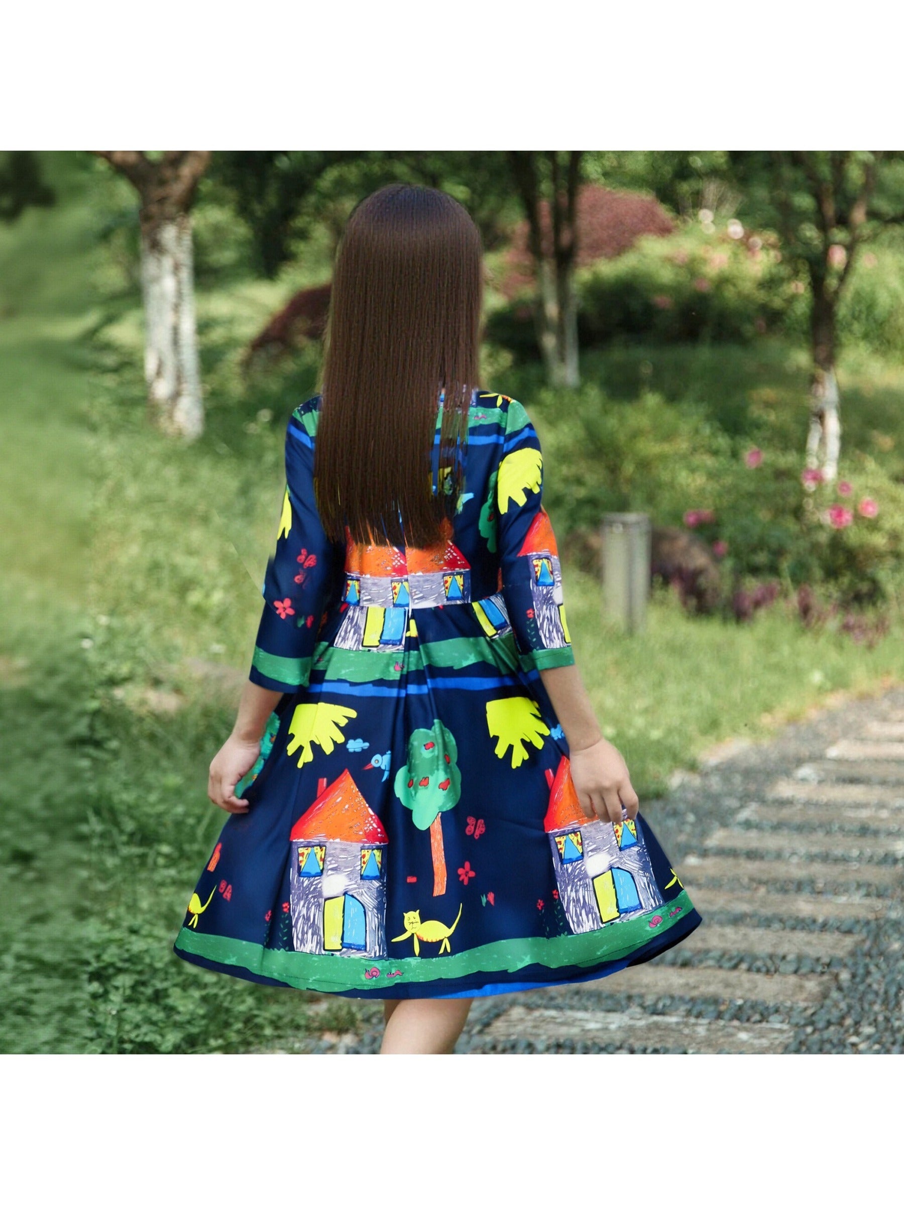 Girls Dress Satin Silk Butterfly City Building View Pink Blue