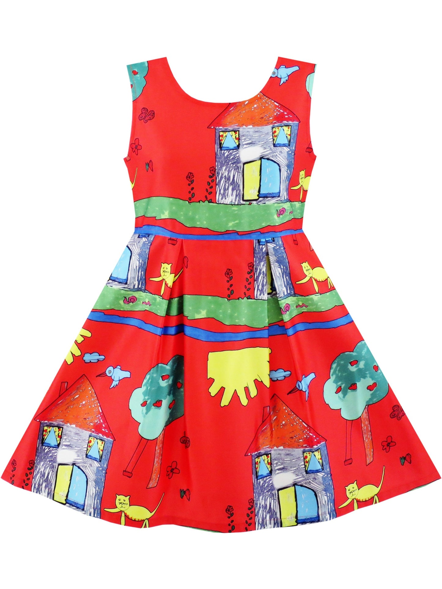 Girls Dress Flower Garden Print Elegant Chinese Style Red