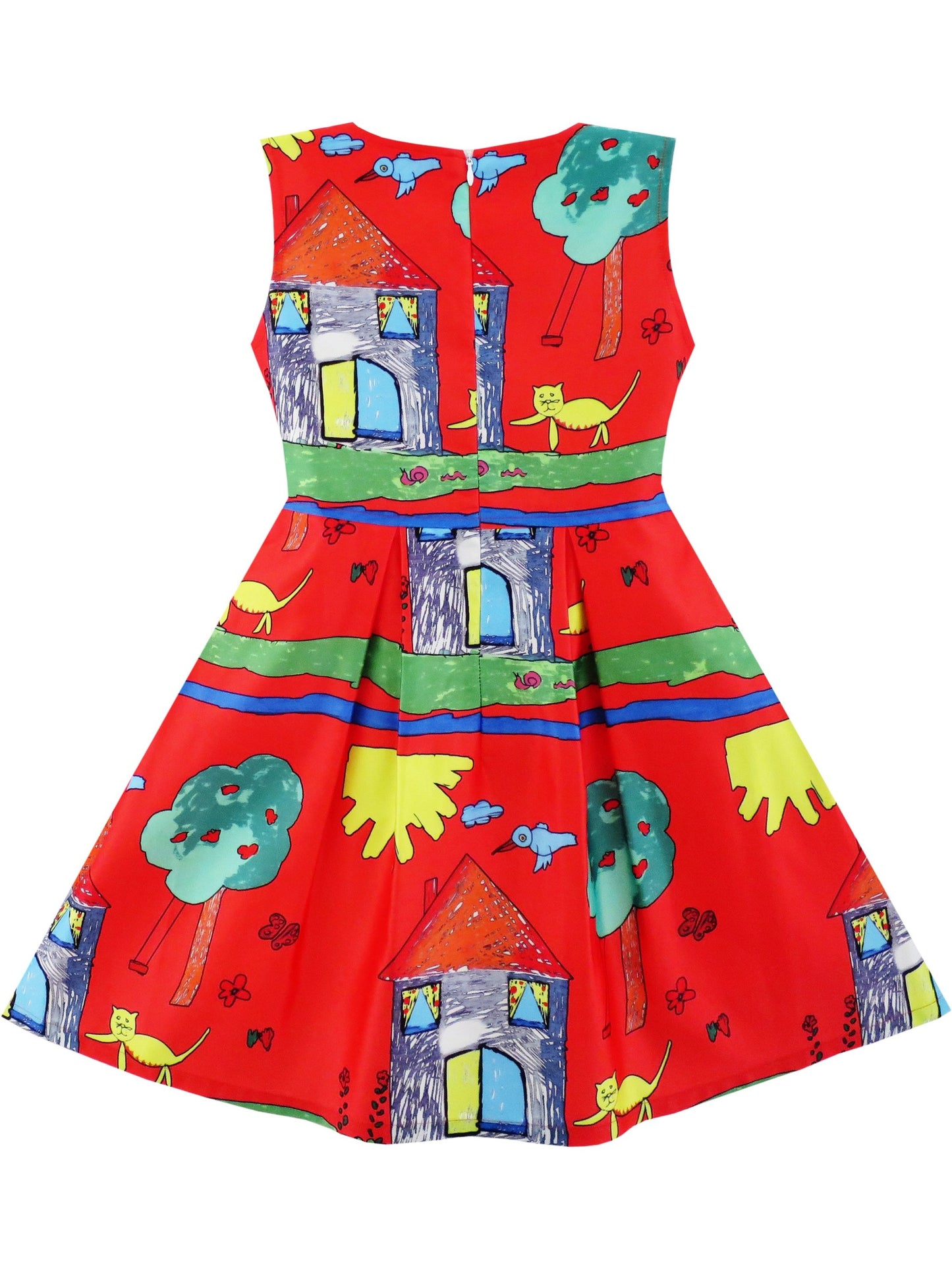 Girls Dress Flower Garden Print Elegant Chinese Style Red