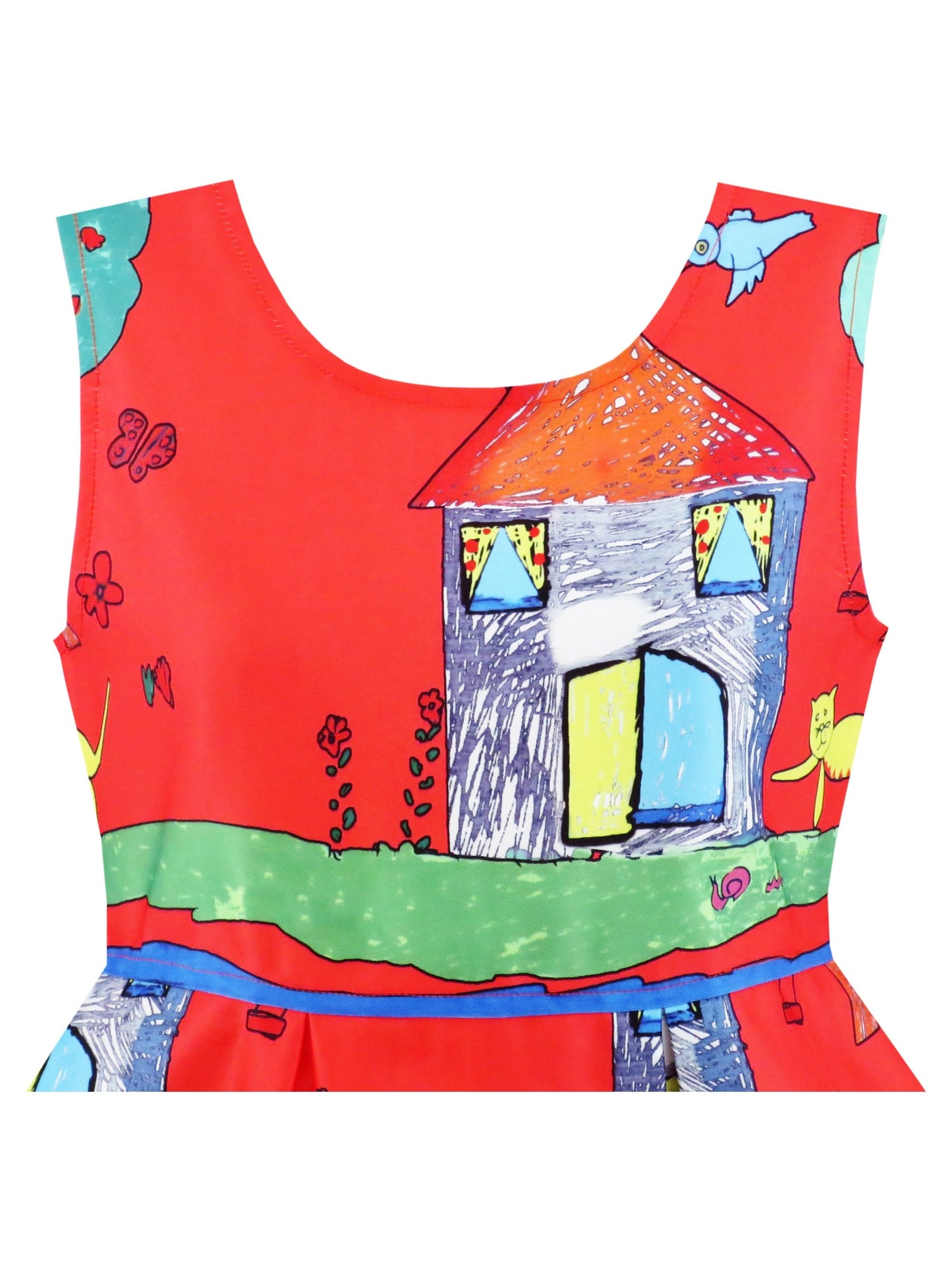Girls Dress Flower Garden Print Elegant Chinese Style Red