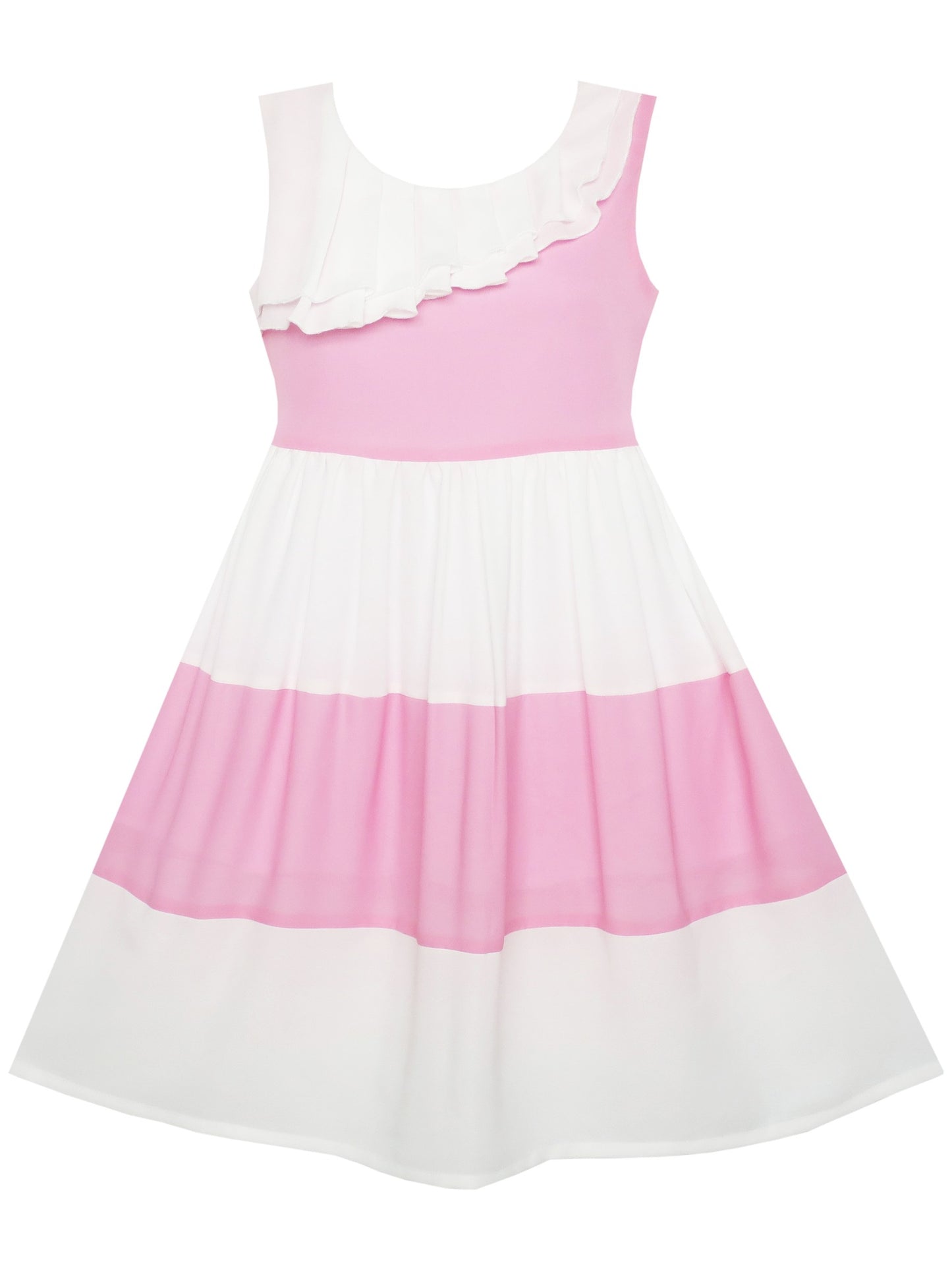 Girls Dress Pleated Collar Color Block Chiffon Sundress Pink