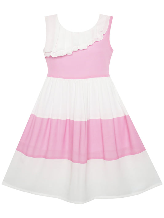 Girls Dress Pleated Collar Color Block Chiffon Sundress Pink